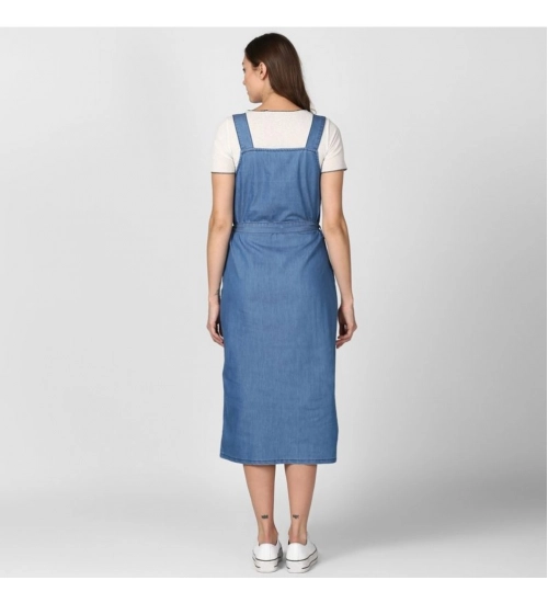 Generic Women's Denim Solid Round Neck Sleeveless Dress (Blue)