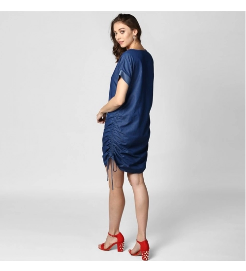 Generic Women's Denim Solid Close Neck Short Sleeve Dress (Blue)