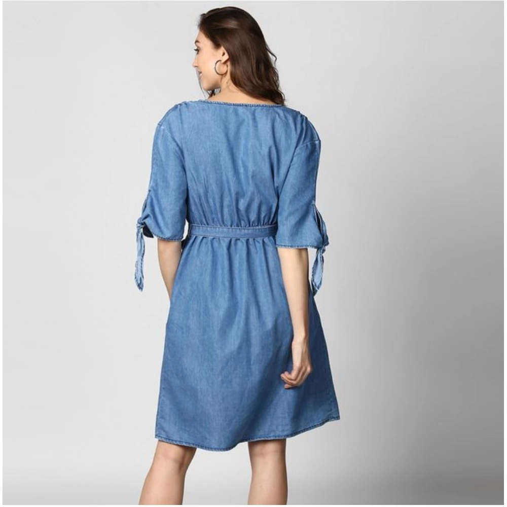 Generic Women's Denim Solid V-Neck Tie Ups Dress (Blue) Generic Women's Denim Solid V-Neck Tie Ups Dress (Blue)