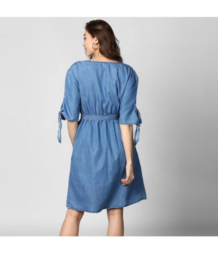 Generic Women's Denim Solid V-Neck Tie Ups Dress (Blue)