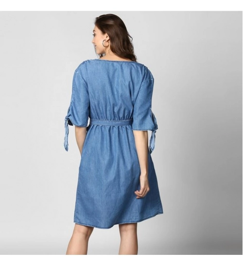 Generic Women's Denim Solid V-Neck Tie Ups Dress (Blue)