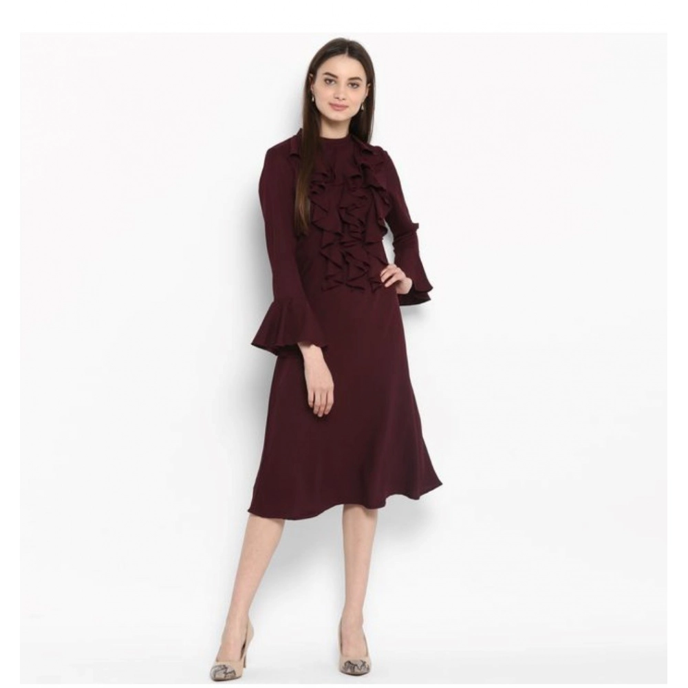 Generic Women's Polyester Ruffled Close Neck Bell Sleeve Dress (Maroon) Generic Women's Polyester Ruffled Close Neck Bell Sleeve Dress (Maroon)
