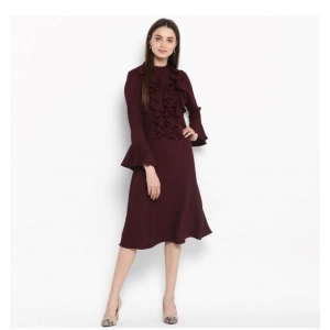 Generic Women's Polyester Ruffled Close Neck Bell Sleeve Dress (Maroon)