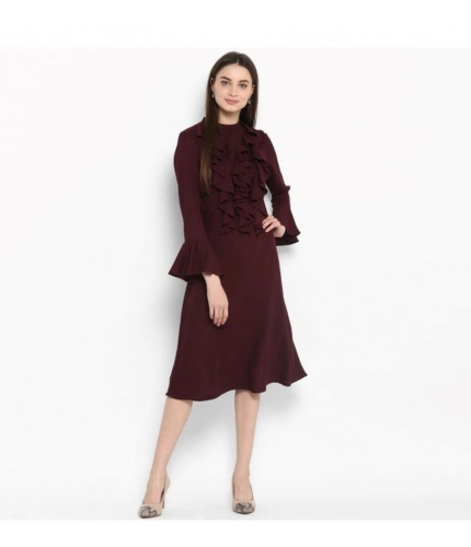 Generic Women's Polyester Ruffled Close Neck Bell Sleeve Dress (Maroon)