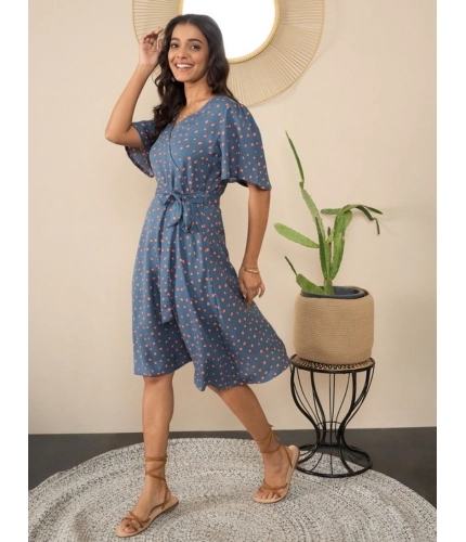 Generic Women's Polyester Moss Polka V-Neck Bell Sleeve Dress (Grey)