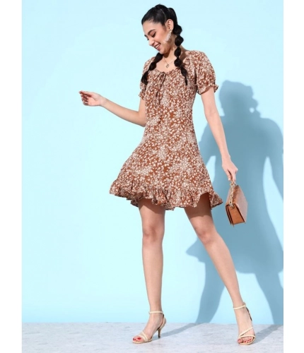 Generic Women's Polyester Crepe Floral Square Neck Short Sleeve Dress (Rust)