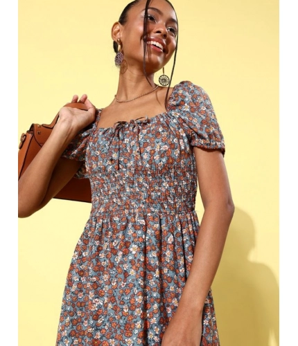 Generic Women's Polyester Moss Floral Square Neck Puff Sleeve Dress (Multicolor)