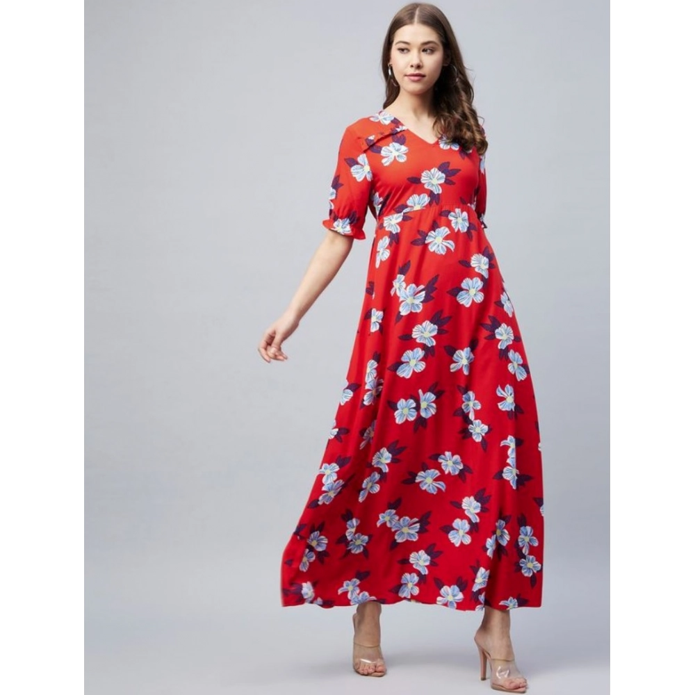 Generic Women's Cotton Blend Floral V-Neck Half Sleeve Dress (Blue-Red) Generic Women's Cotton Blend Floral V-Neck Half Sleeve Dress (Blue-Red)