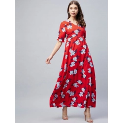 Generic Women's Cotton Blend Floral V-Neck Half Sleeve Dress (Blue-Red)