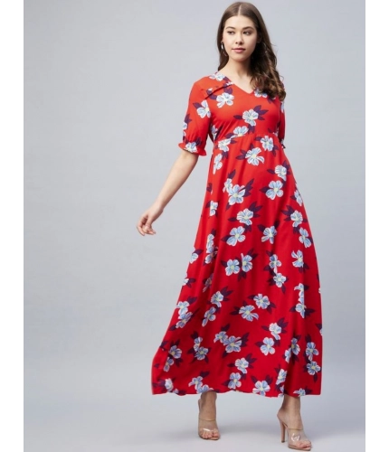 Generic Women's Cotton Blend Floral V-Neck Half Sleeve Dress (Blue-Red)