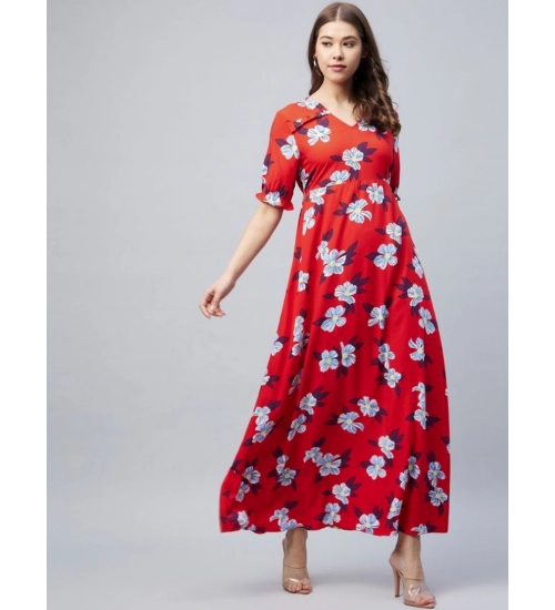 Generic Women's Cotton Blend Floral V-Neck Half Sleeve Dress (Blue-Red)