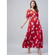 Generic Women's Cotton Blend Floral V-Neck Half Sleeve Dress (Blue-Red) Generic Women's Cotton Blend Floral V-Neck Half Sleeve Dress (Blue-Red)