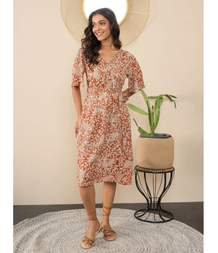 Generic Women's Polyester Moss Floral V-Neck Bell Sleeve Dress (Brown)