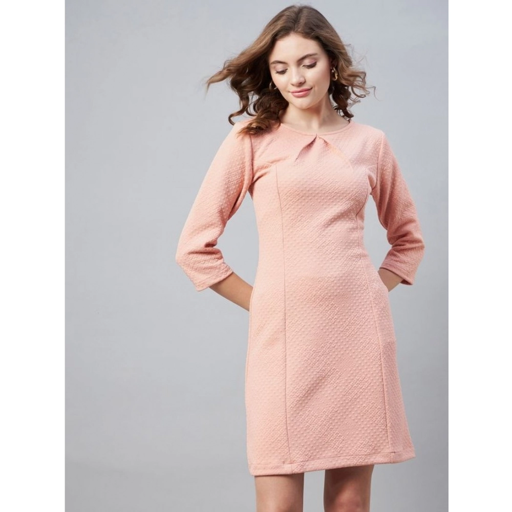 Generic Women's Polyester Jacquard Self Design Round Neck 3/4th Sleeves Dress (Pink) Generic Women's Polyester Jacquard Self Design Round Neck 3/4th Sleeves Dress (Pink)