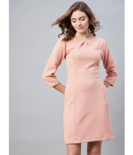 Generic Women's Polyester Jacquard Self Design Round Neck 3/4th Sleeves Dress (Pink)