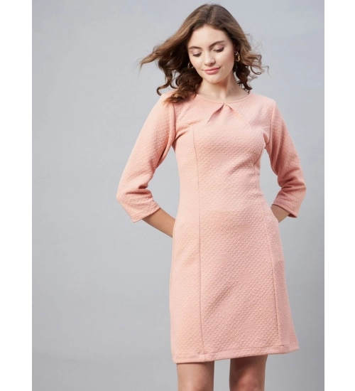 Generic Women's Polyester Jacquard Self Design Round Neck 3/4th Sleeves Dress (Pink)