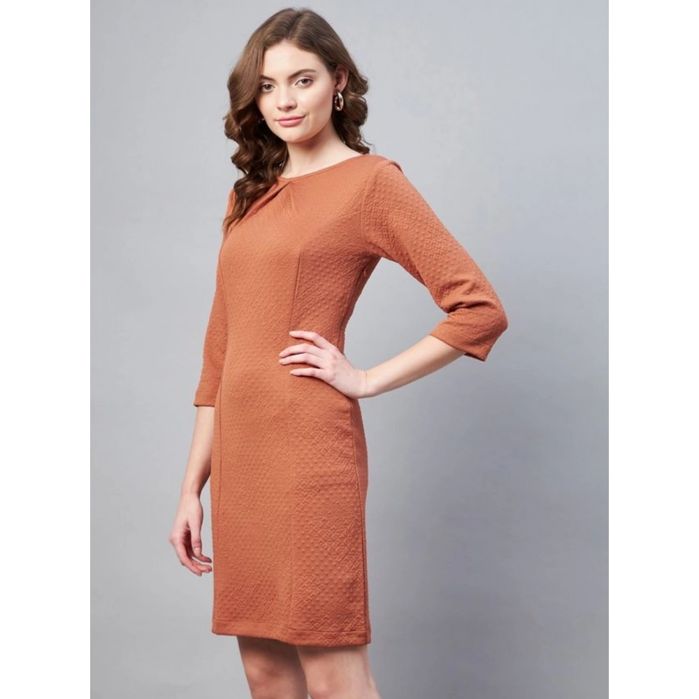 Generic Women's Polyester Jacquard Self Design Round Neck 3/4th Sleeves Dress (Rust) Generic Women's Polyester Jacquard Self Design Round Neck 3/4th Sleeves Dress (Rust)