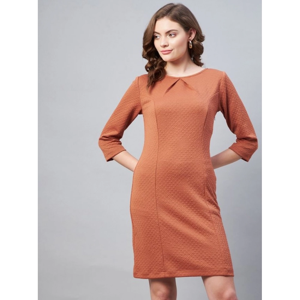 Generic Women's Polyester Jacquard Self Design Round Neck 3/4th Sleeves Dress (Rust) Generic Women's Polyester Jacquard Self Design Round Neck 3/4th Sleeves Dress (Rust)