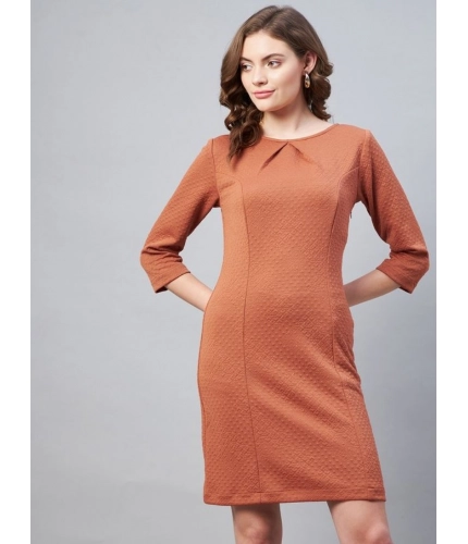Generic Women's Polyester Jacquard Self Design Round Neck 3/4th Sleeves Dress (Rust)