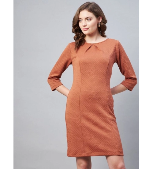Generic Women's Polyester Jacquard Self Design Round Neck 3/4th Sleeves Dress (Rust)