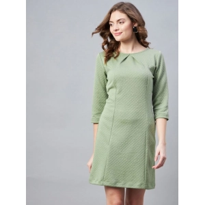 Generic Women's Polyester Jacquard Self Design Round Neck 3/4th Sleeves Dress (Olive)
