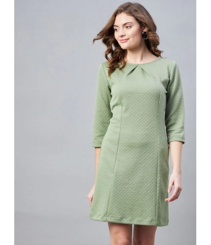 Generic Women's Polyester Jacquard Self Design Round Neck 3/4th Sleeves Dress (Olive)