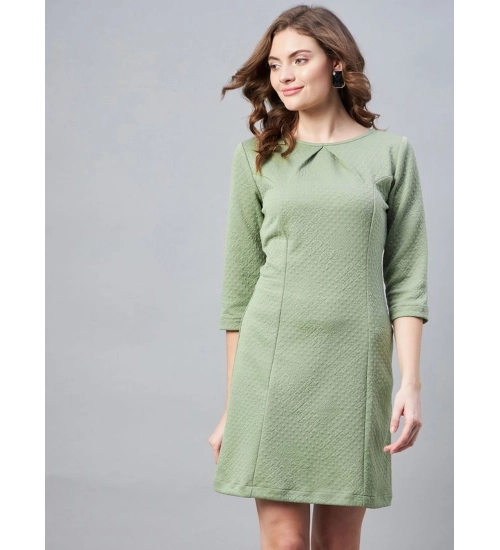 Generic Women's Polyester Jacquard Self Design Round Neck 3/4th Sleeves Dress (Olive)