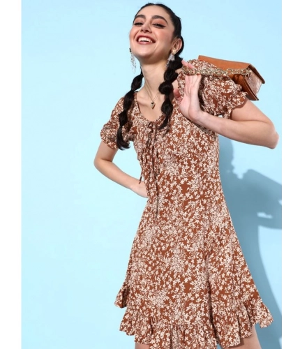 Generic Women's Polyester Crepe Floral Square Neck Short Sleeve Dress (Rust) Generic Women's Polyester Crepe Floral Square Neck Short Sleeve Dress (Rust)