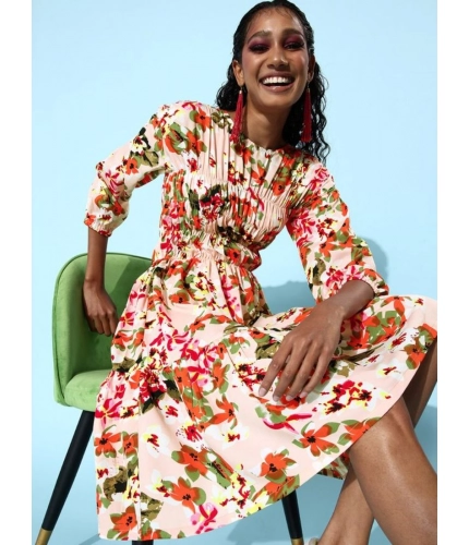 Generic Women's Polyester Moss Polka Round Neck 3/4th Sleeves Dress (Multicolor)