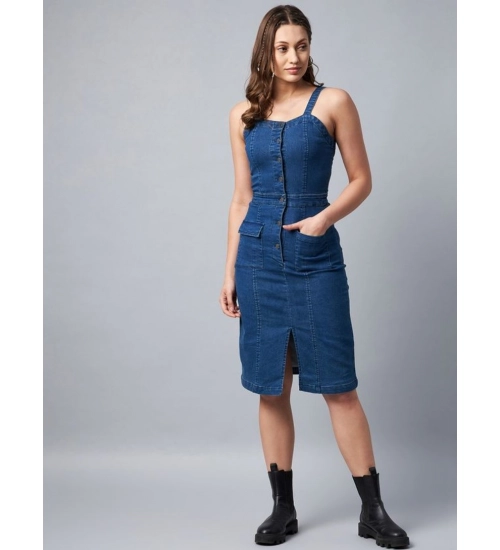 Generic Women's Denim Lycra Solid Square Neck Shoulder Straps Dress (Blue)