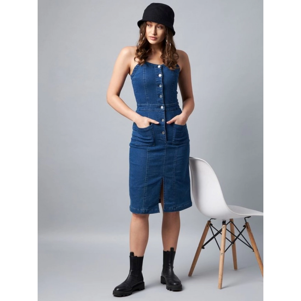 Generic Women's Denim Lycra Solid Square Neck Shoulder Straps Dress (Blue) Generic Women's Denim Lycra Solid Square Neck Shoulder Straps Dress (Blue)