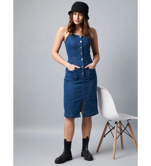 Generic Women's Denim Lycra Solid Square Neck Shoulder Straps Dress (Blue)