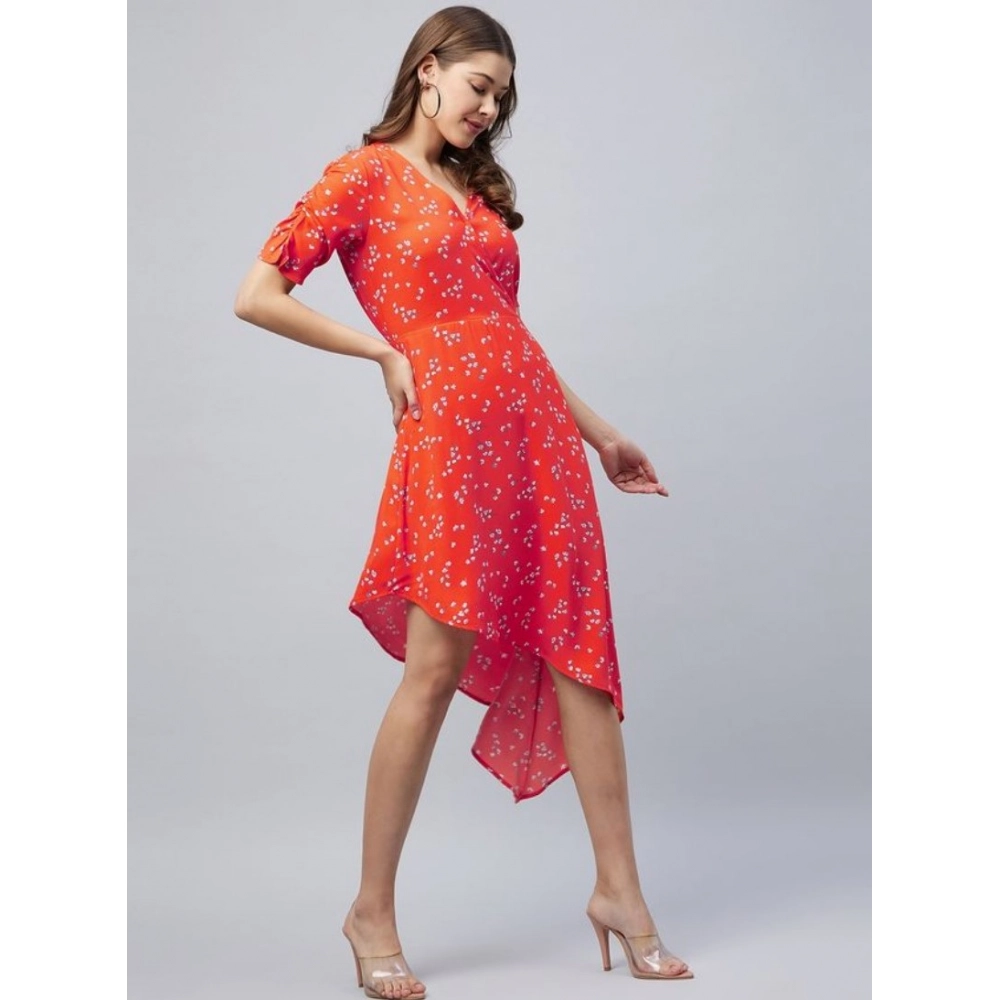 Generic Women's Polyester Floral V-Neck Short Sleeve Dress (Orange) Generic Women's Polyester Floral V-Neck Short Sleeve Dress (Orange)