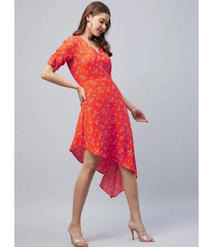 Generic Women's Polyester Floral V-Neck Short Sleeve Dress (Orange)