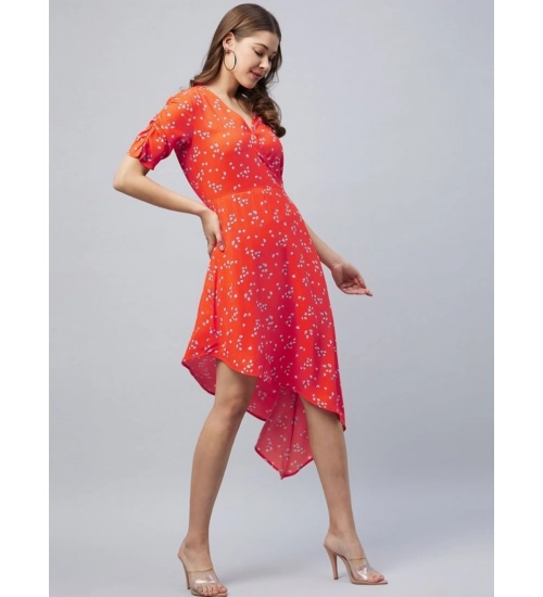 Generic Women's Polyester Floral V-Neck Short Sleeve Dress (Orange)