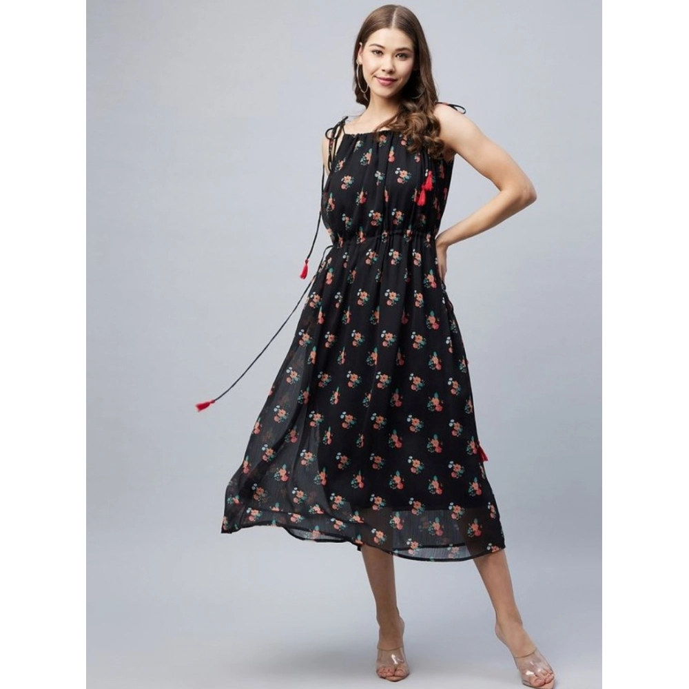 Generic Women's Chiffon Floral Square Neck Sleeveless Dress (Black) Generic Women's Chiffon Floral Square Neck Sleeveless Dress (Black)