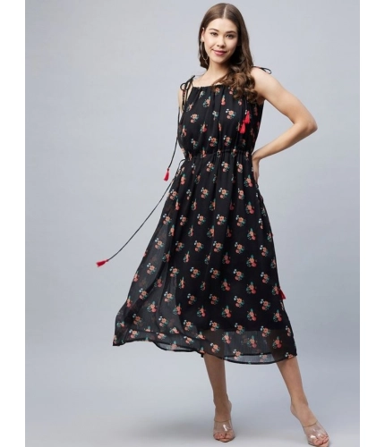 Generic Women's Chiffon Floral Square Neck Sleeveless Dress (Black)
