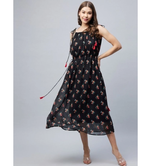 Generic Women's Chiffon Floral Square Neck Sleeveless Dress (Black)