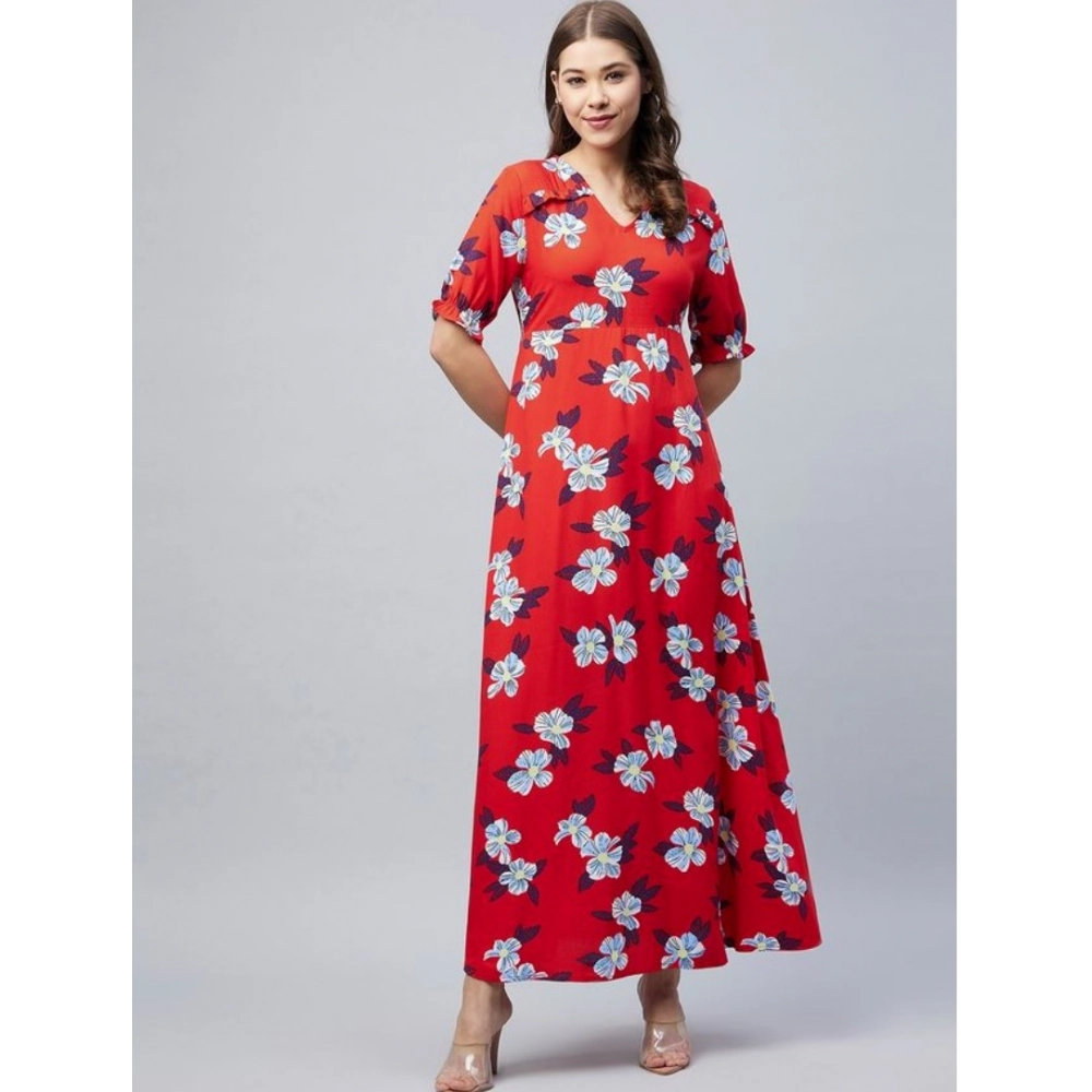 Generic Women's Cotton Blend Floral V-Neck Half Sleeve Dress (Blue-Red) Generic Women's Cotton Blend Floral V-Neck Half Sleeve Dress (Blue-Red)