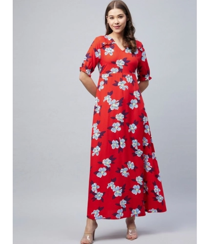 Generic Women's Cotton Blend Floral V-Neck Half Sleeve Dress (Blue-Red) Generic Women's Cotton Blend Floral V-Neck Half Sleeve Dress (Blue-Red)