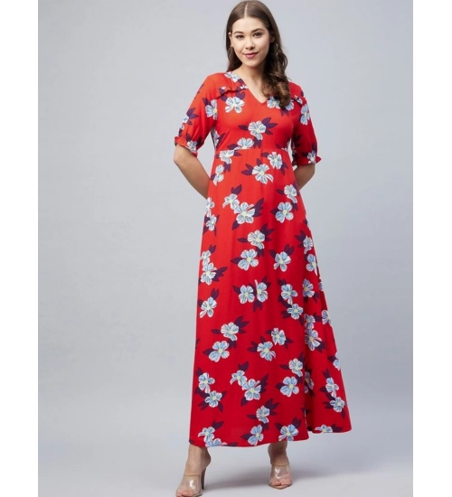 Generic Women's Cotton Blend Floral V-Neck Half Sleeve Dress (Blue-Red)