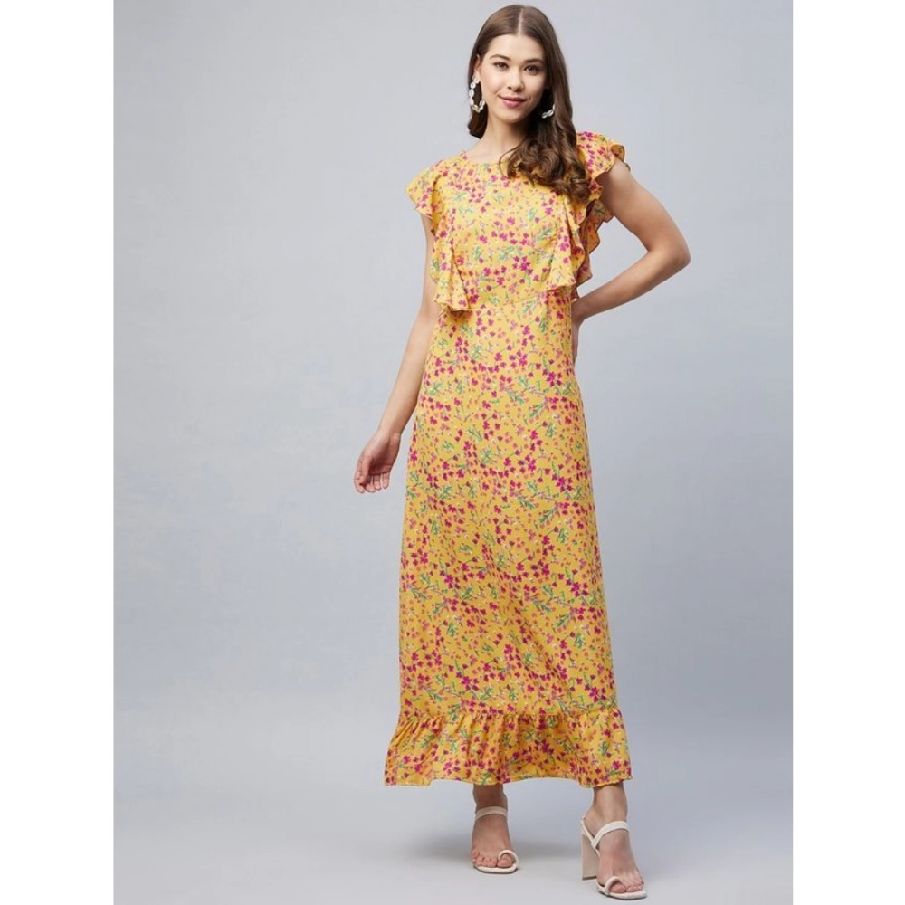 Generic Women's Polyester Floral Round Neck Flutter Dress (Red) Generic Women's Polyester Floral Round Neck Flutter Dress (Red)
