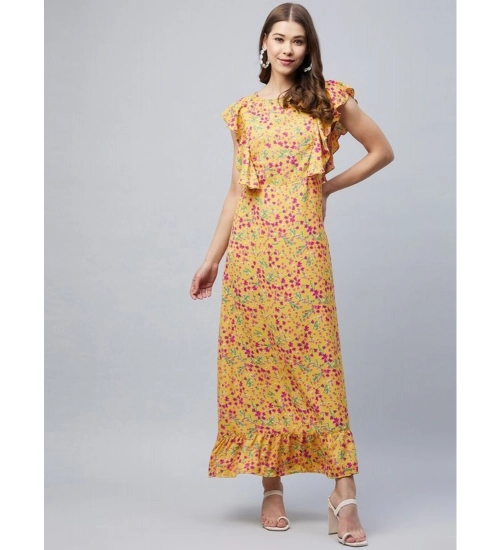 Generic Women's Polyester Floral Round Neck Flutter Dress (Red)