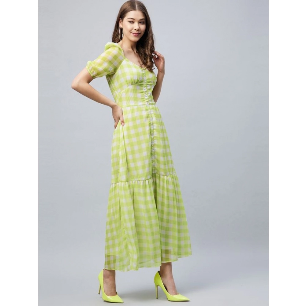 Generic Women's Polyester-Cotton Blend Checkered Square Neck Half Sleeve Dress (Lime Green) Generic Women's Polyester-Cotton Blend Checkered Square Neck Half Sleeve Dress (Lime Green)