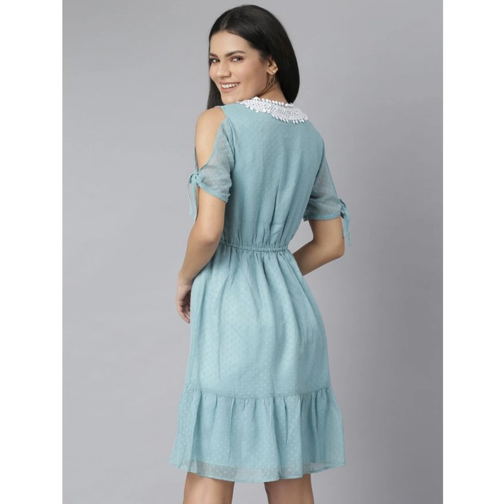Generic Women's Chiffon Self Design V-Neck Tie Ups Dress (Green)