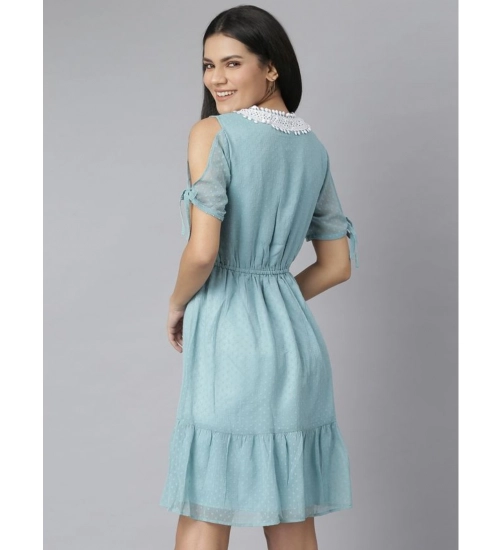 Generic Women's Chiffon Self Design V-Neck Tie Ups Dress (Green)