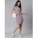 Generic Women's Polyester Moss Floral Collar Neck Short Sleeve Dress (Grey-Red)