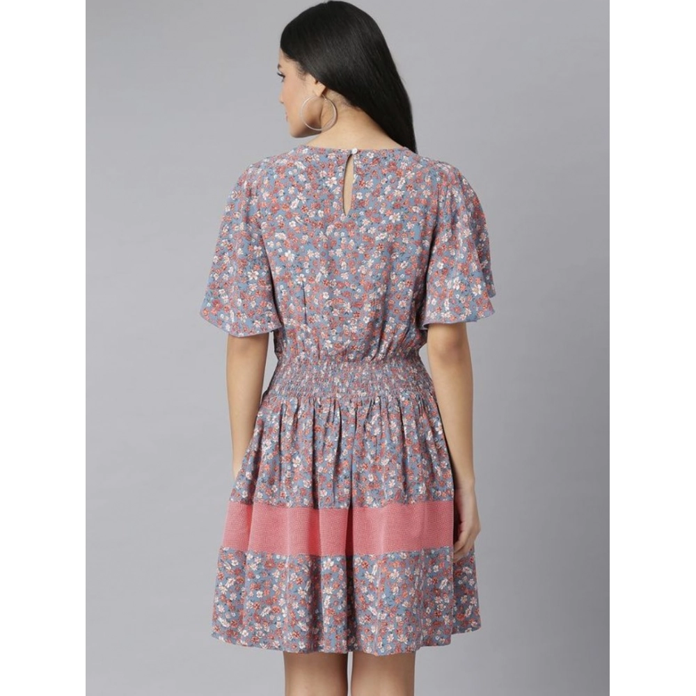 Generic Women's Polyester Moss Floral Round Neck Flutter Dress (Grey-Red) Generic Women's Polyester Moss Floral Round Neck Flutter Dress (Grey-Red)