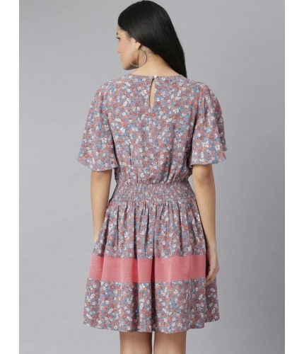 Generic Women's Polyester Moss Floral Round Neck Flutter Dress (Grey-Red)