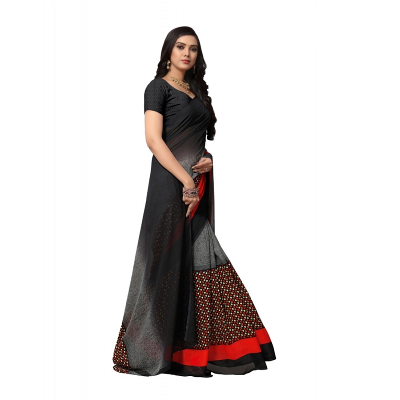 Women's Georgette Printed Saree With Unstitched Blouse 5.5Mtr (Black)
